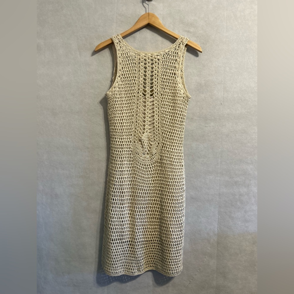 Zara knit crochet sleeveless beach resort wear mini femenine dress SZ M tan boho - Picture 10 of 10